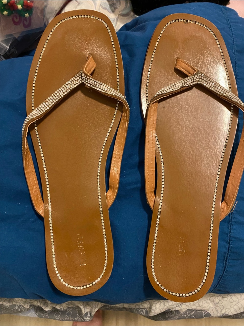 Forever 21 Tan Rhinestone Thong Sandals